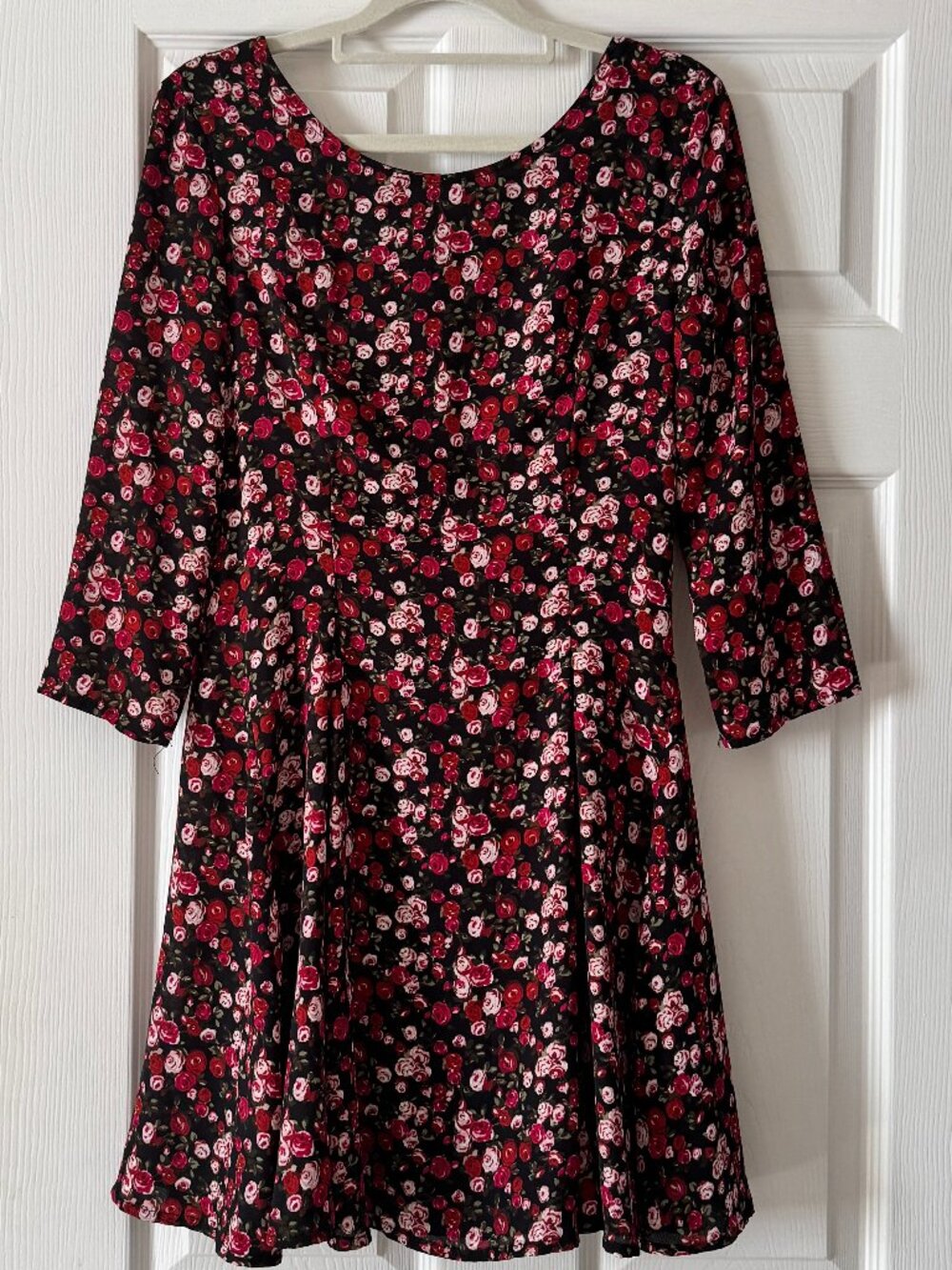 Bershka Black Red Rose Floral Fit & Flare Mini Dress 3/4 Sleeve